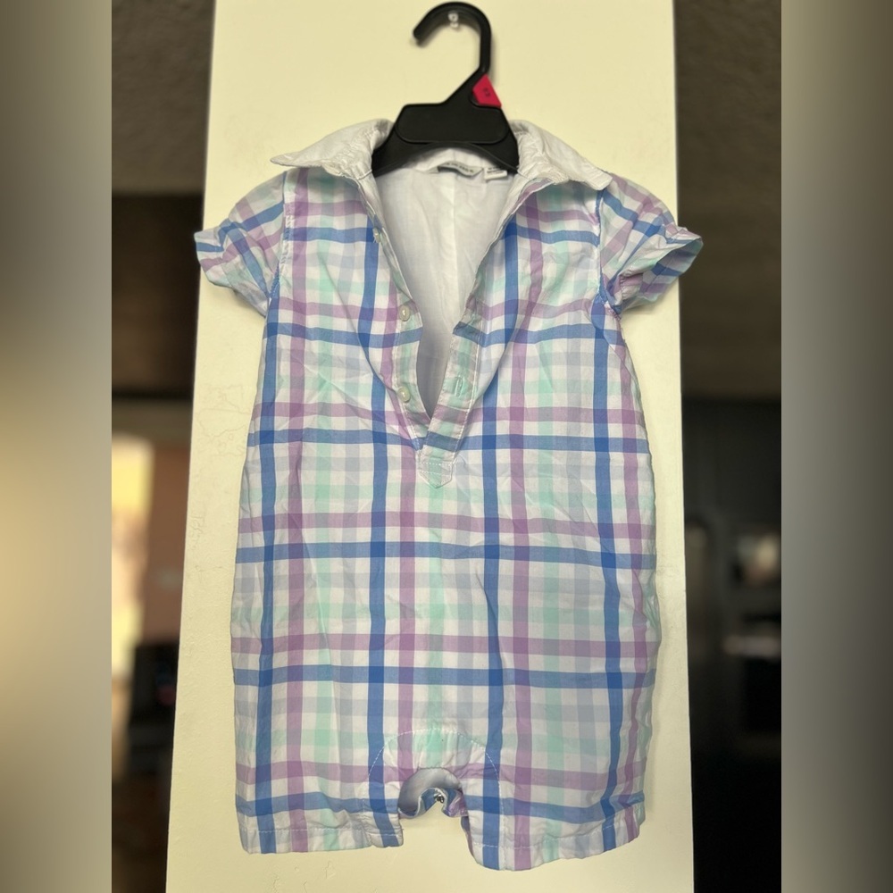 Janie and Jack Baby Gingham Polo Romper sz 12/18 M EUC